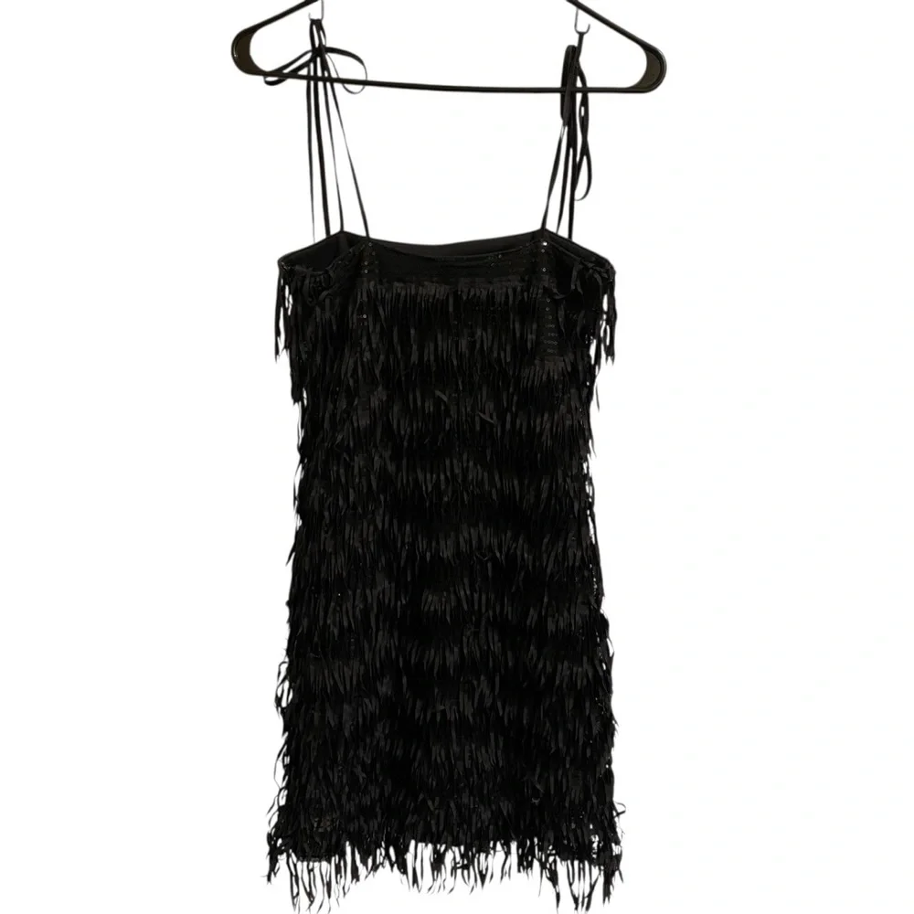 Zara Black Sequined Fringed Spaghetti Strap Mini Dress Lined Black Size Small